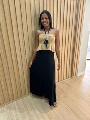 VESTIDO MIDI COM BABADOS BICOLOR